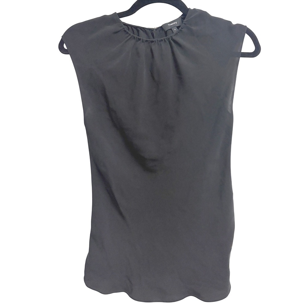 Theory Shirred Neck Top Silk Georgette Black Sleeveless Blouse Keyhole Small